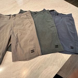3 pairs of like new, excellent condition billabong shorts, dry fit, 25” waist.